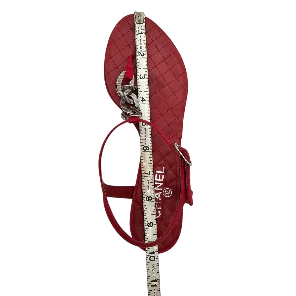 Chanel CC Chain Flat Thong Sandal Quilted Red Leather Silver Size 39 US 8 8.5 - Picture 12 of 12